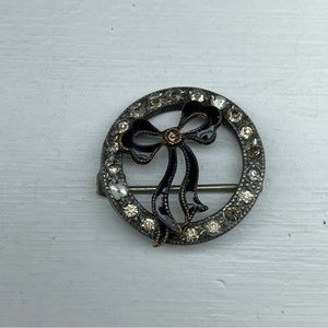 Vintage Victorian Sterling Rhinestone And Black Enameled Bow Brooch